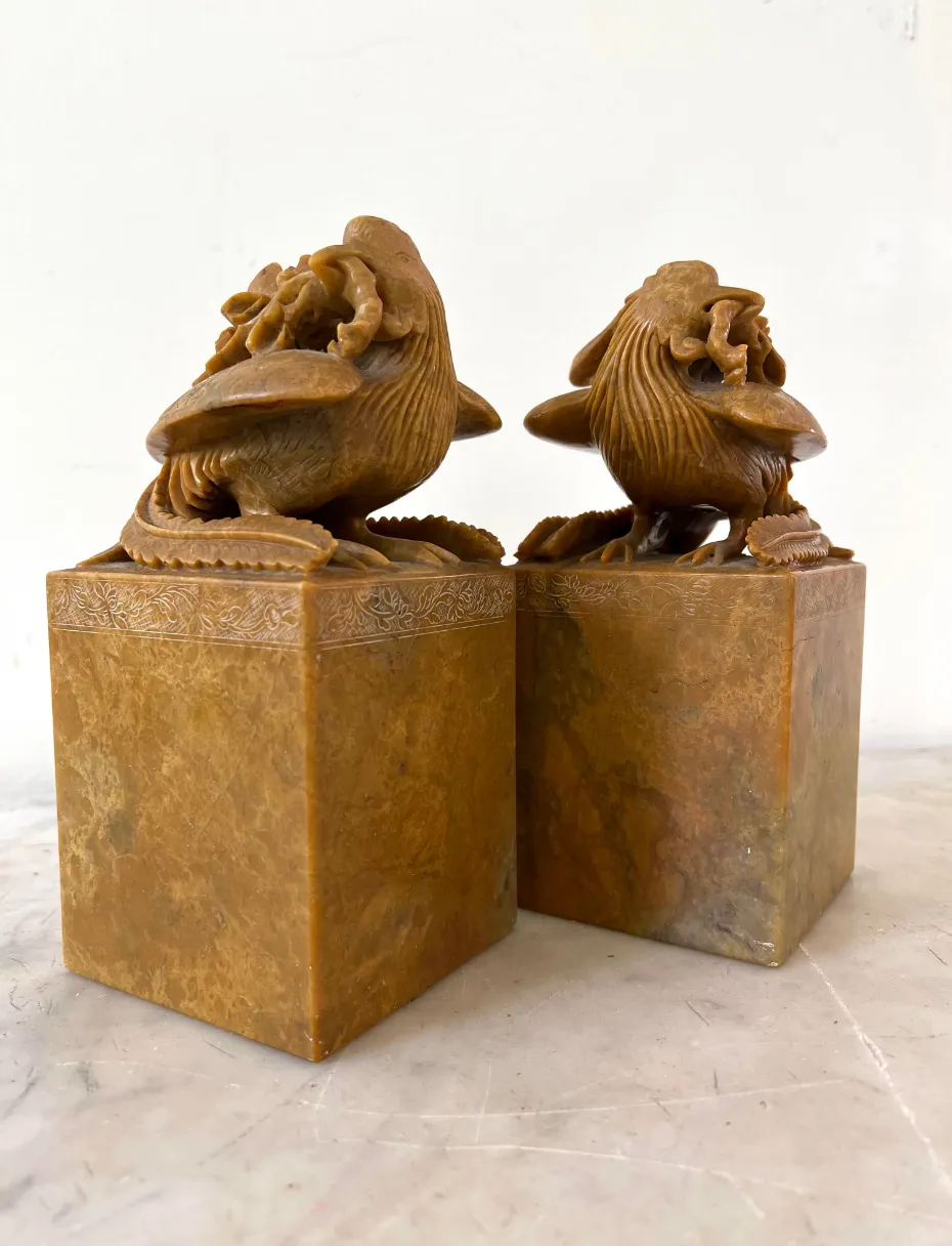 19th Century Carved Soap Stone Sculptures, Pheasants with Roses (2)