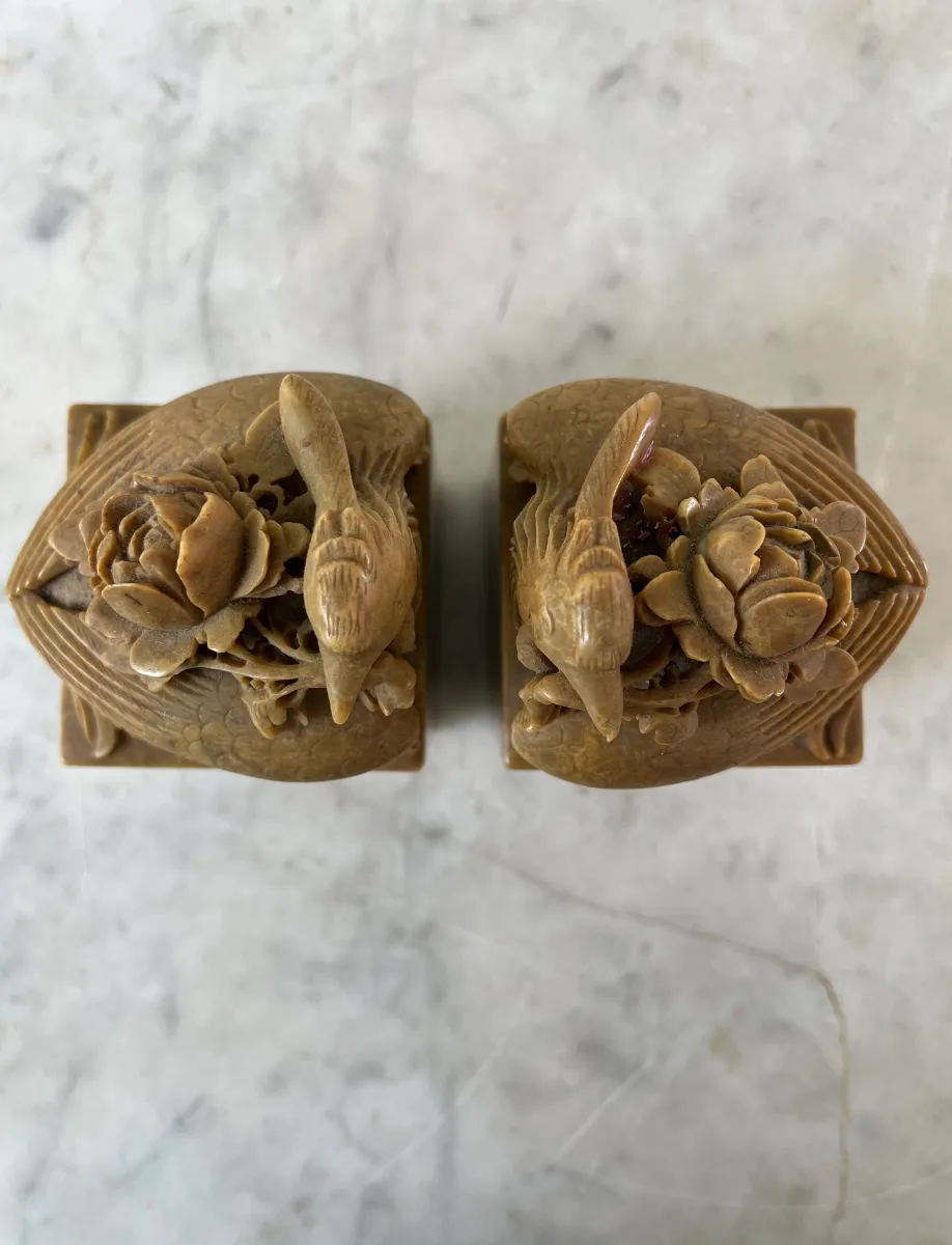 19th Century Carved Soap Stone Sculptures, Pheasants with Roses (2)