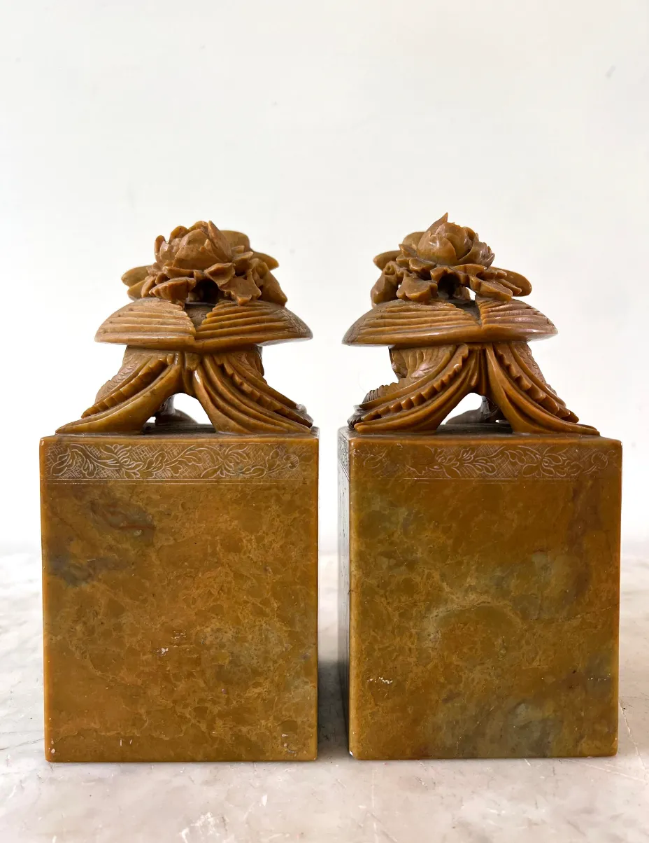 19th Century Carved Soap Stone Sculptures, Pheasants with Roses (2)