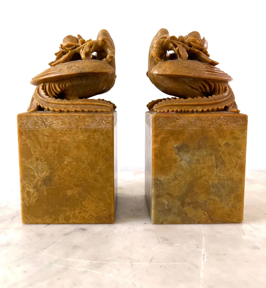 19th Century Carved Soap Stone Sculptures, Pheasants with Roses (2)