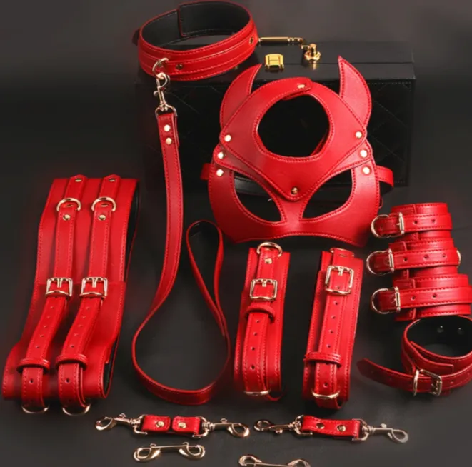 BDSM Bondage Restraint Kit Handcuffs Collar Wrist Ankle Leg Thigh cuffs Waist Belt Mask Sex Toys