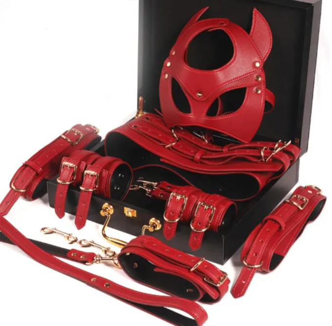 BDSM Bondage Restraint Kit Handcuffs Collar Wrist Ankle Leg Thigh cuffs Waist Belt Mask Sex Toys