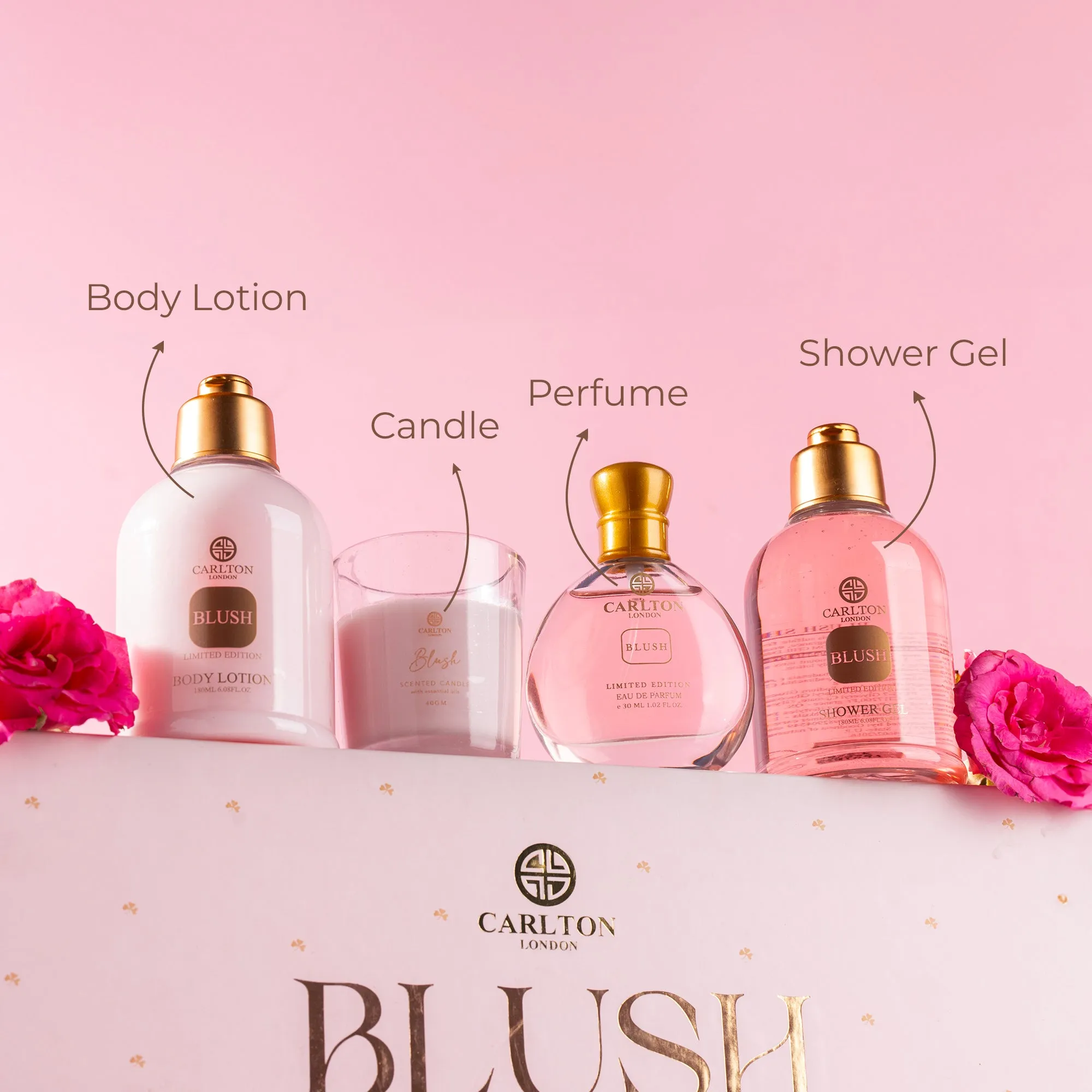 Blush Gift Set Of 4 Lotion Gel Perfume & Candle - 430Ml