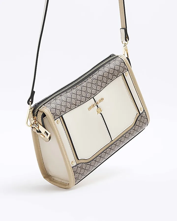 Cream RI monogram panel cross body bag