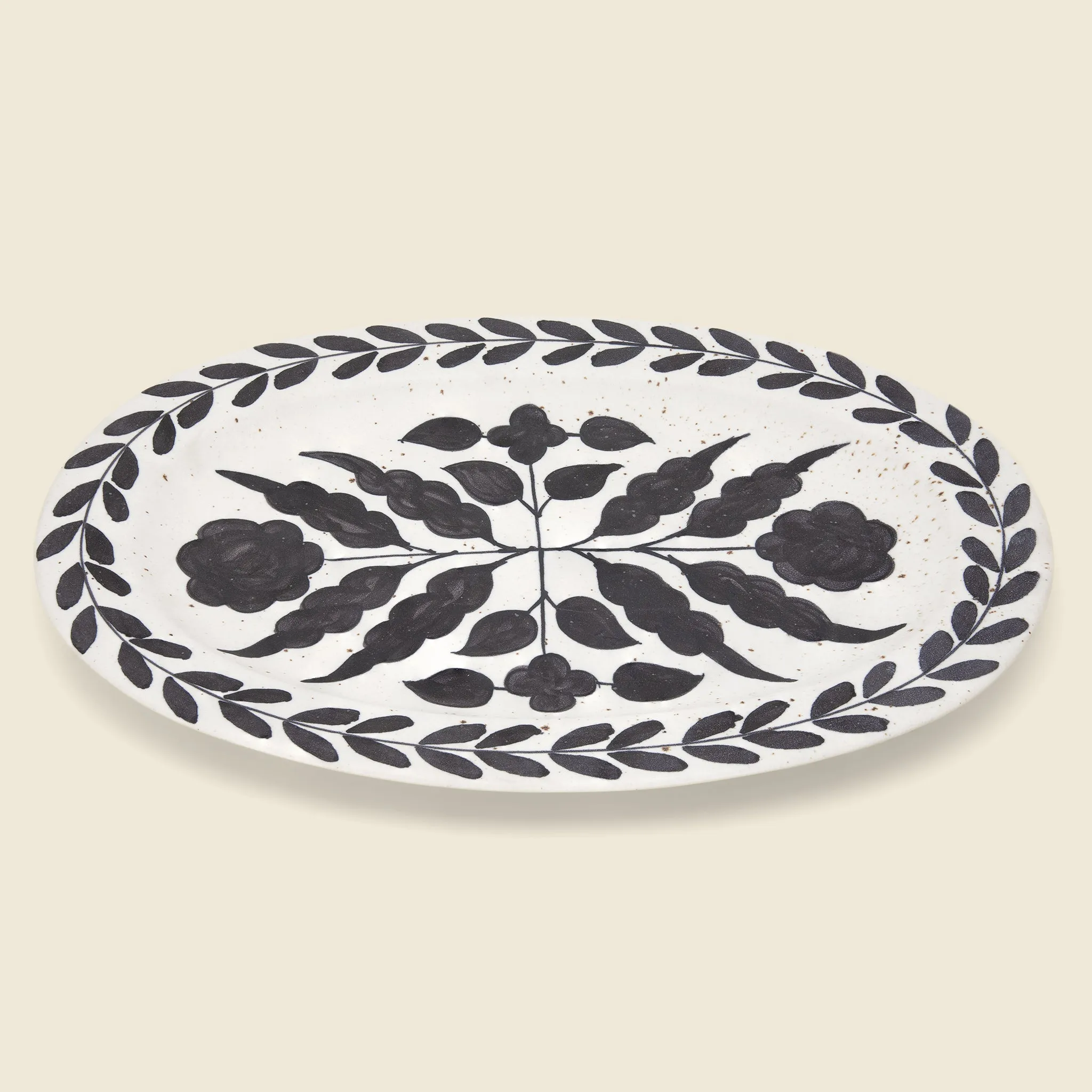 Hand Painted Floral Design Stonewater Platter - Black/Cream