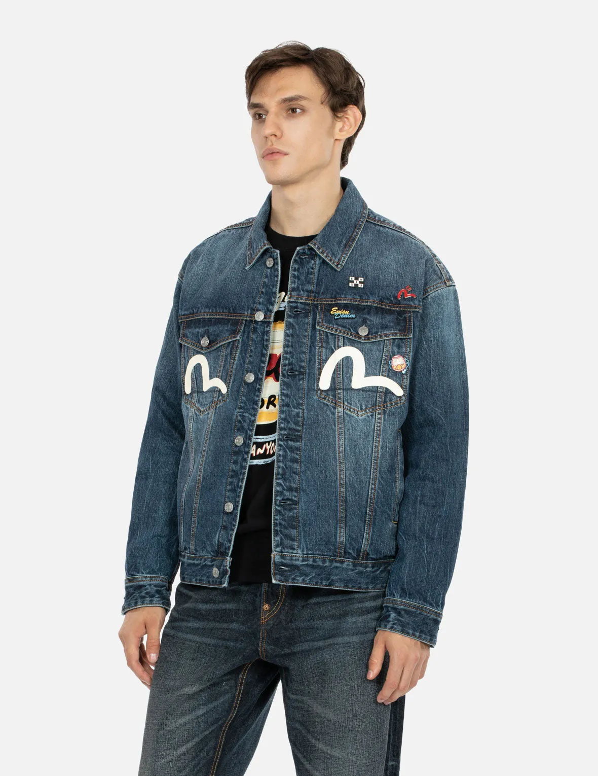 Inari Mask Print Loose Fit Denim Jacket with Metal Pins