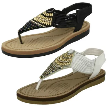 Ladies Savannah Low Wedge Beaded Toepost Sandals F0989