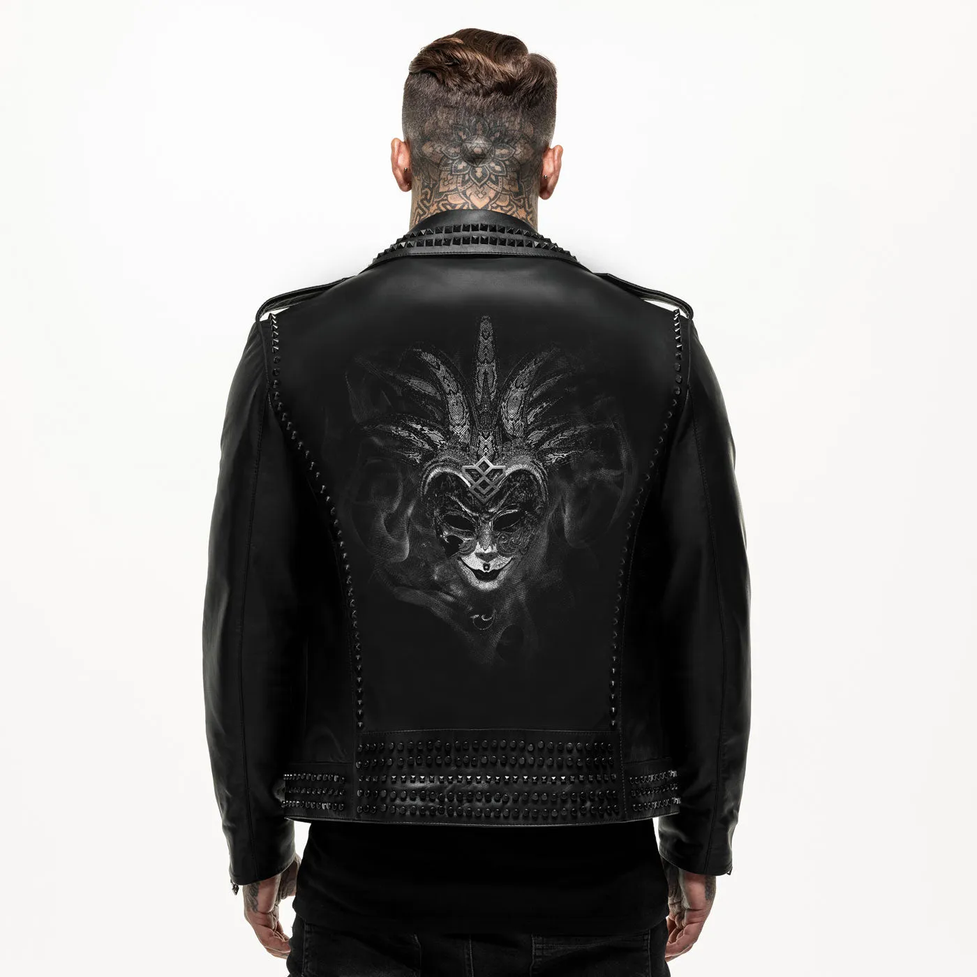 Printed Joker Mask Studded Leather Jacket