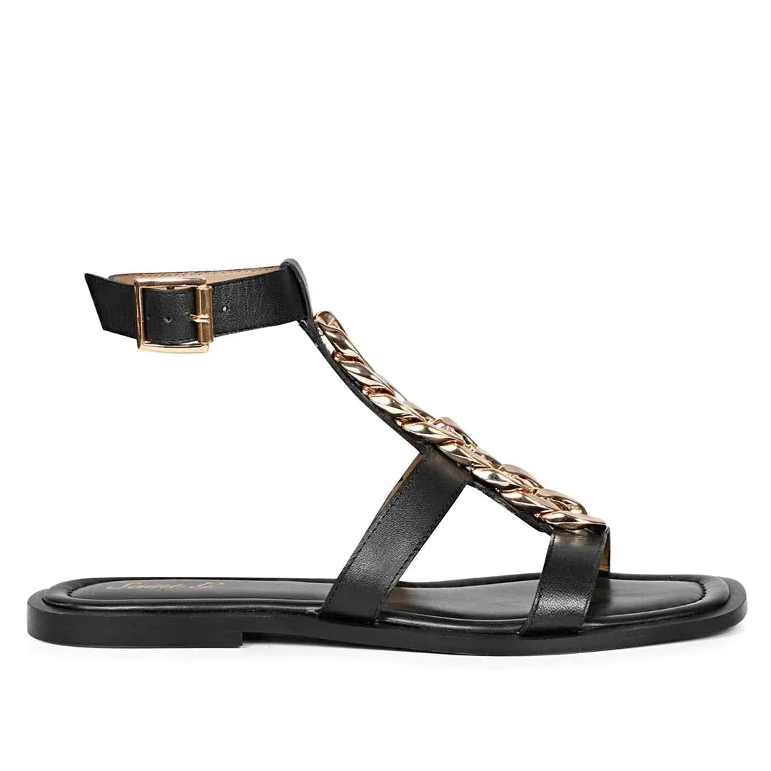 Saint Genesis Golden Chain Decor Black Leather Sandals