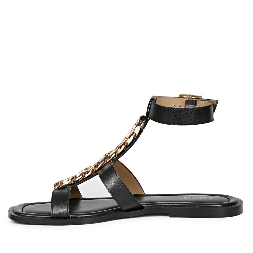 Saint Genesis Golden Chain Decor Black Leather Sandals