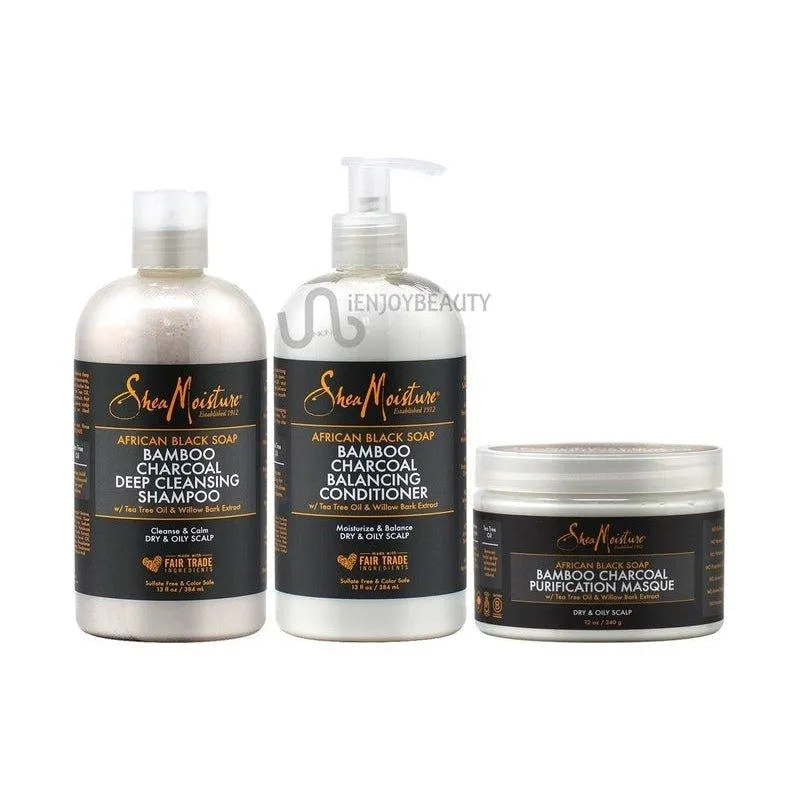 Shea-Moisture-African-Black-Soap-Bamboo-Charcoal-Shampoo-Conditioner-13Oz-Masque-12Oz