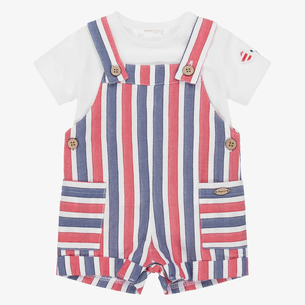 Striped Dungaree Shorts Set