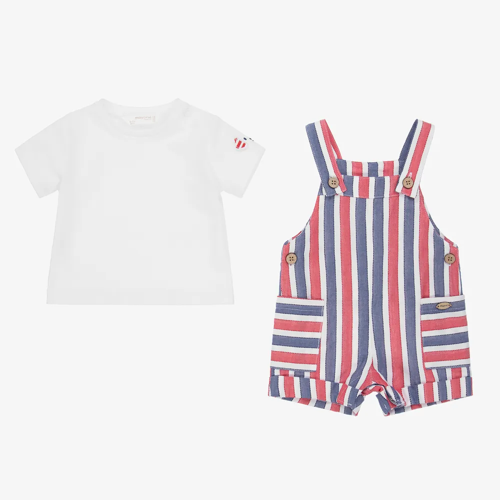 Striped Dungaree Shorts Set