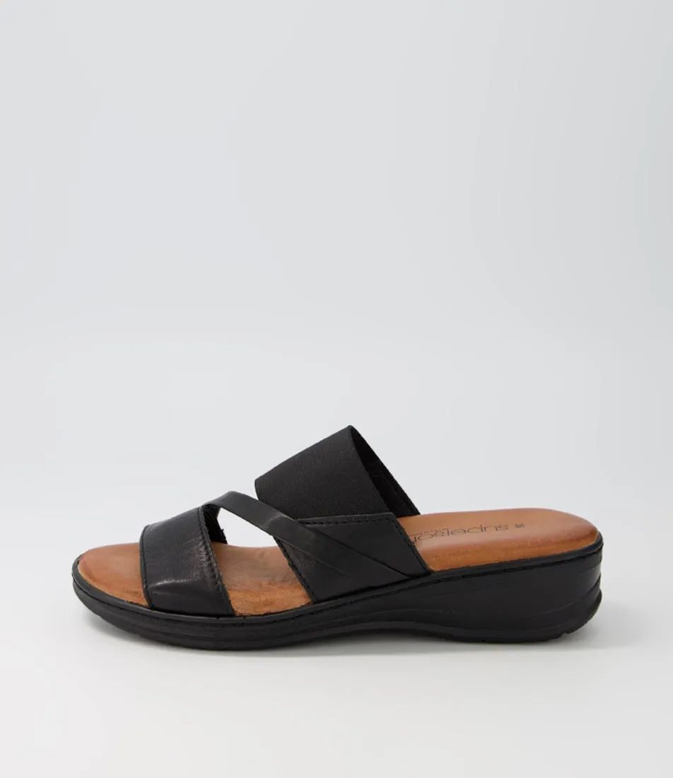 SUPERSOFT Teelina Black Leather Elastic Sandals Bs