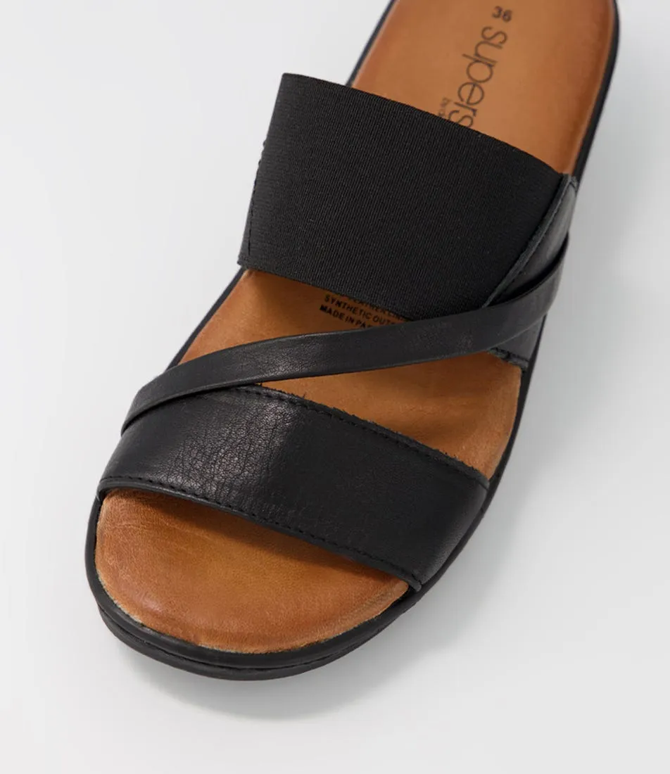 SUPERSOFT Teelina Black Leather Elastic Sandals Bs