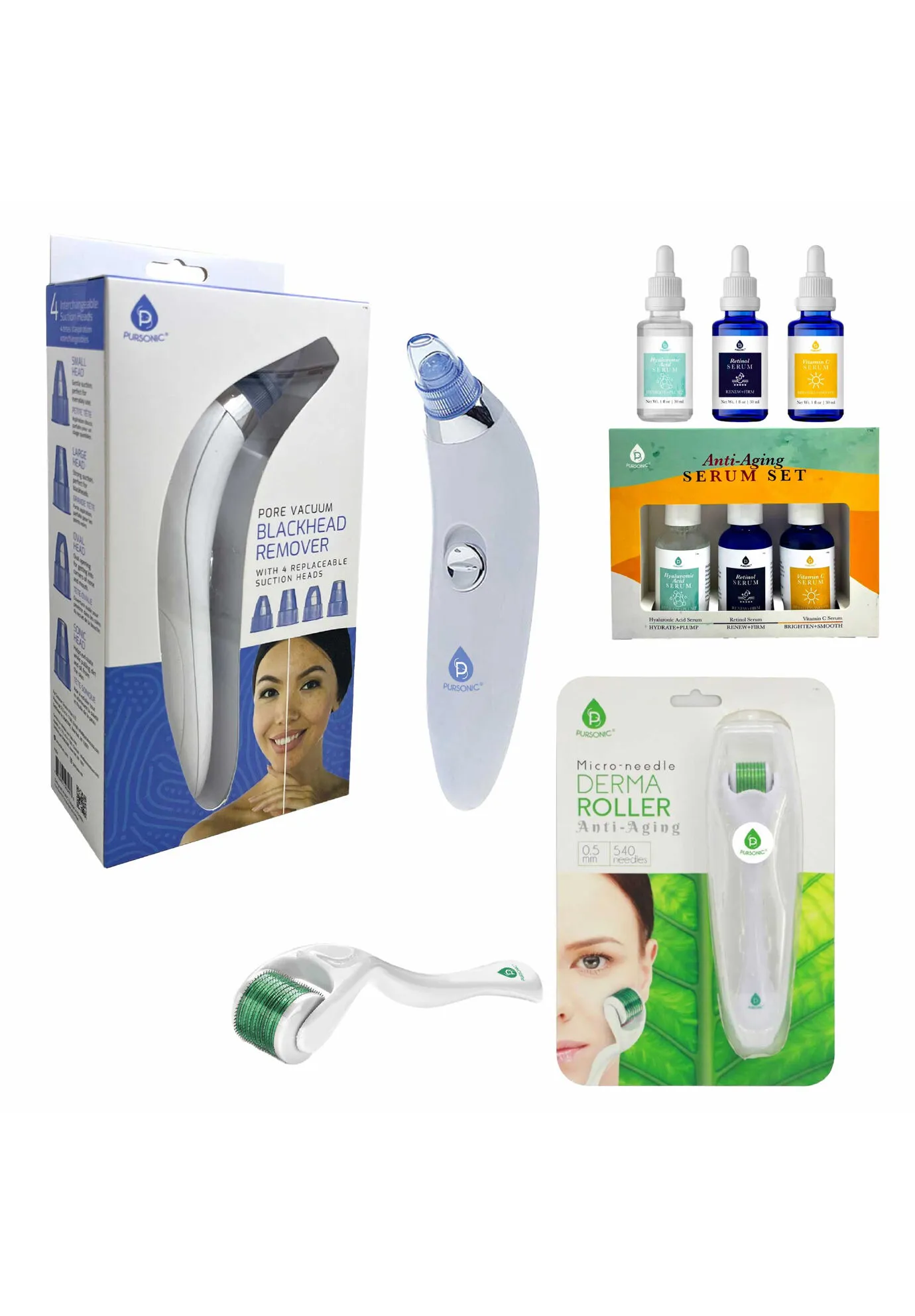 Ultimate Rejuvenation Bundle: Micro Needle Derma Roller, Pore Vacuum Blackhead Remover & 3-Pack Anti-Aging Serum Set