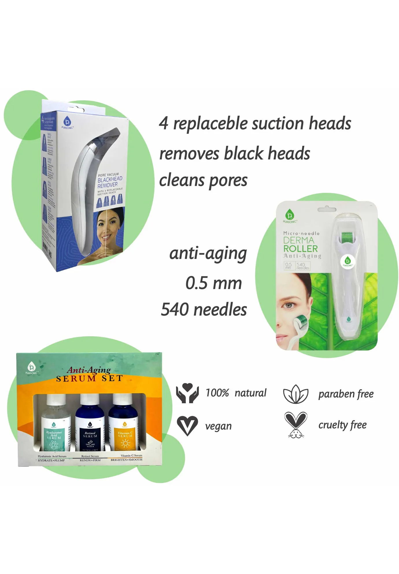 Ultimate Rejuvenation Bundle: Micro Needle Derma Roller, Pore Vacuum Blackhead Remover & 3-Pack Anti-Aging Serum Set