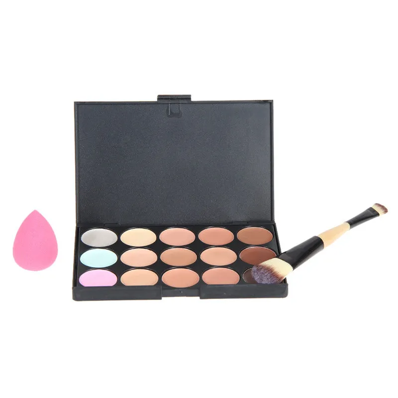 Women Makeup 15 Colors Concealer Palette Makeup Foundation Sponge Double Head Brush